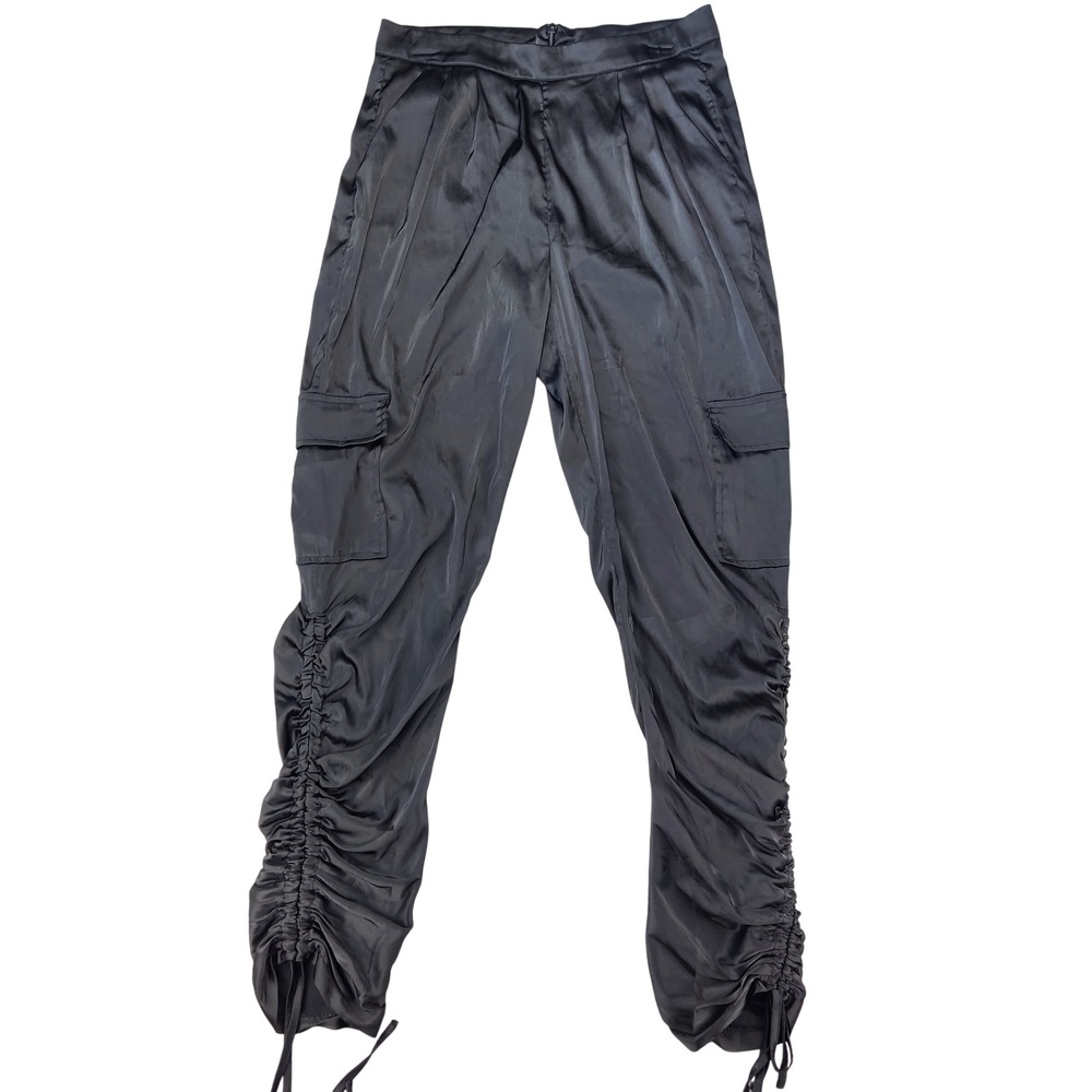 SHEIN Cargo Pants Womens S Black Satin Ruched Drawstring Leg High Waist Pleated